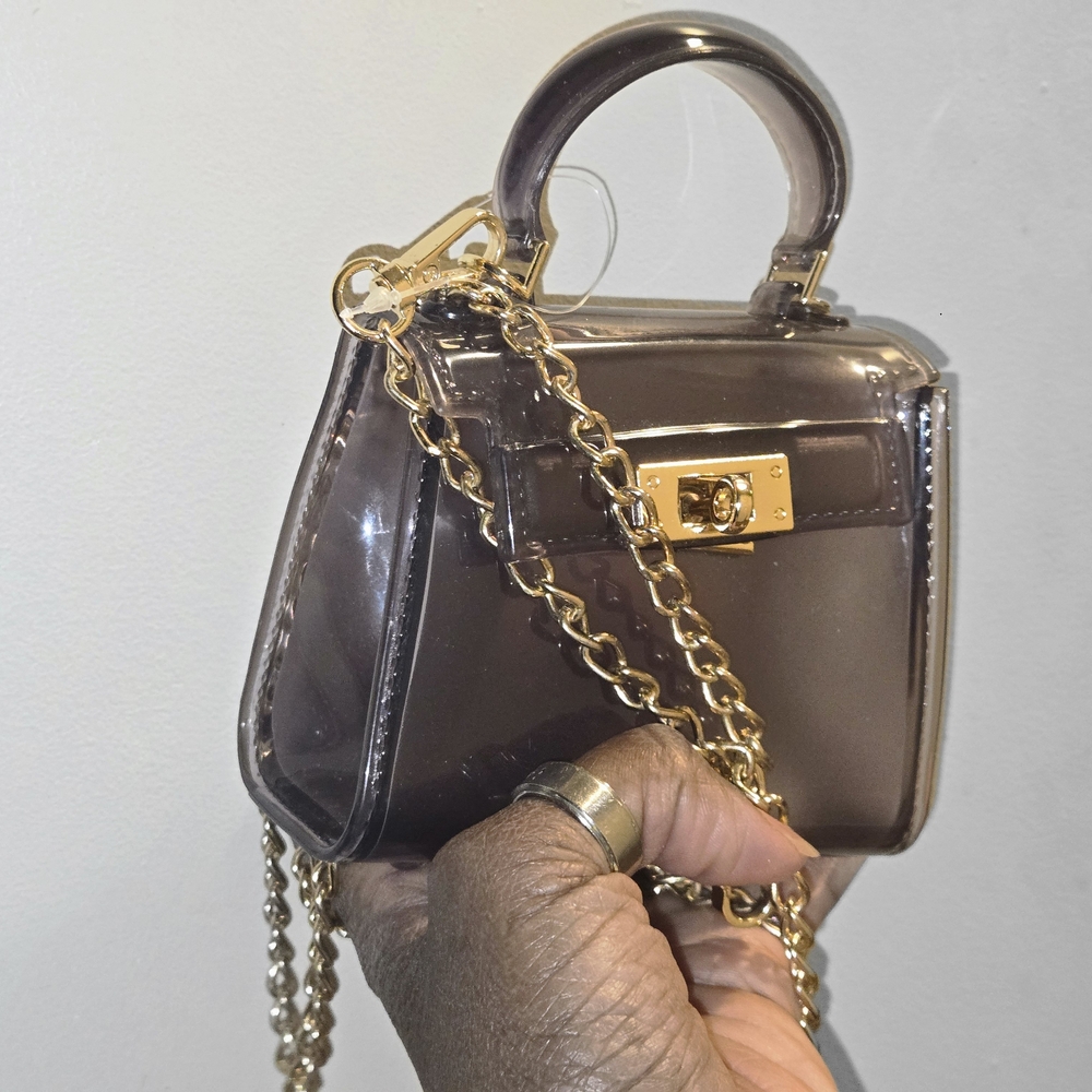 Mini Top-Handle Clear Brown Crossbody Bag with Gold Chain